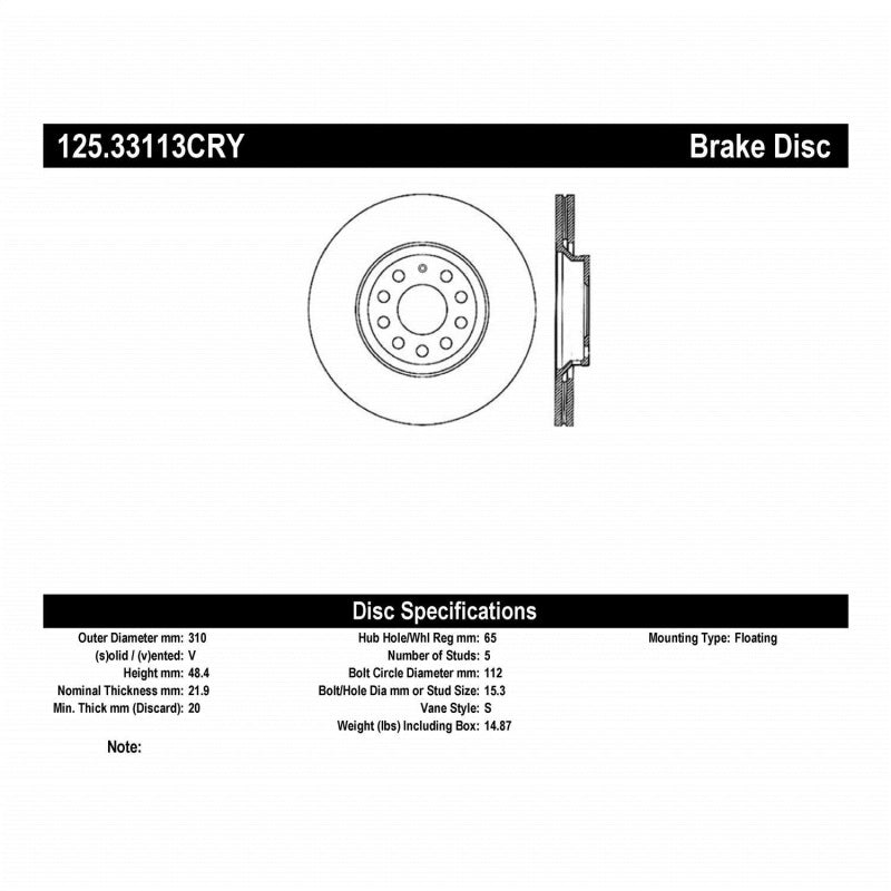 Stoptech VW 06-10 Passat / 14-15 Golf R / 08-15 Audi S3 Rear Premium Cryo Brake Rotor