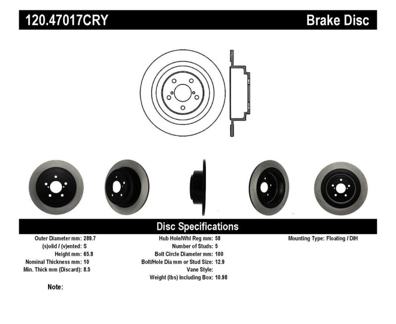 Stoptech Subaru 03-06 Baja/00-04 Legacy/Outback Rear Cryo Rotor