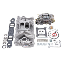 Load image into Gallery viewer, Edelbrock Manifold And Carb Kit Performer Air-Gap Small Block Chevrolet 1957-1986 Natural Finish